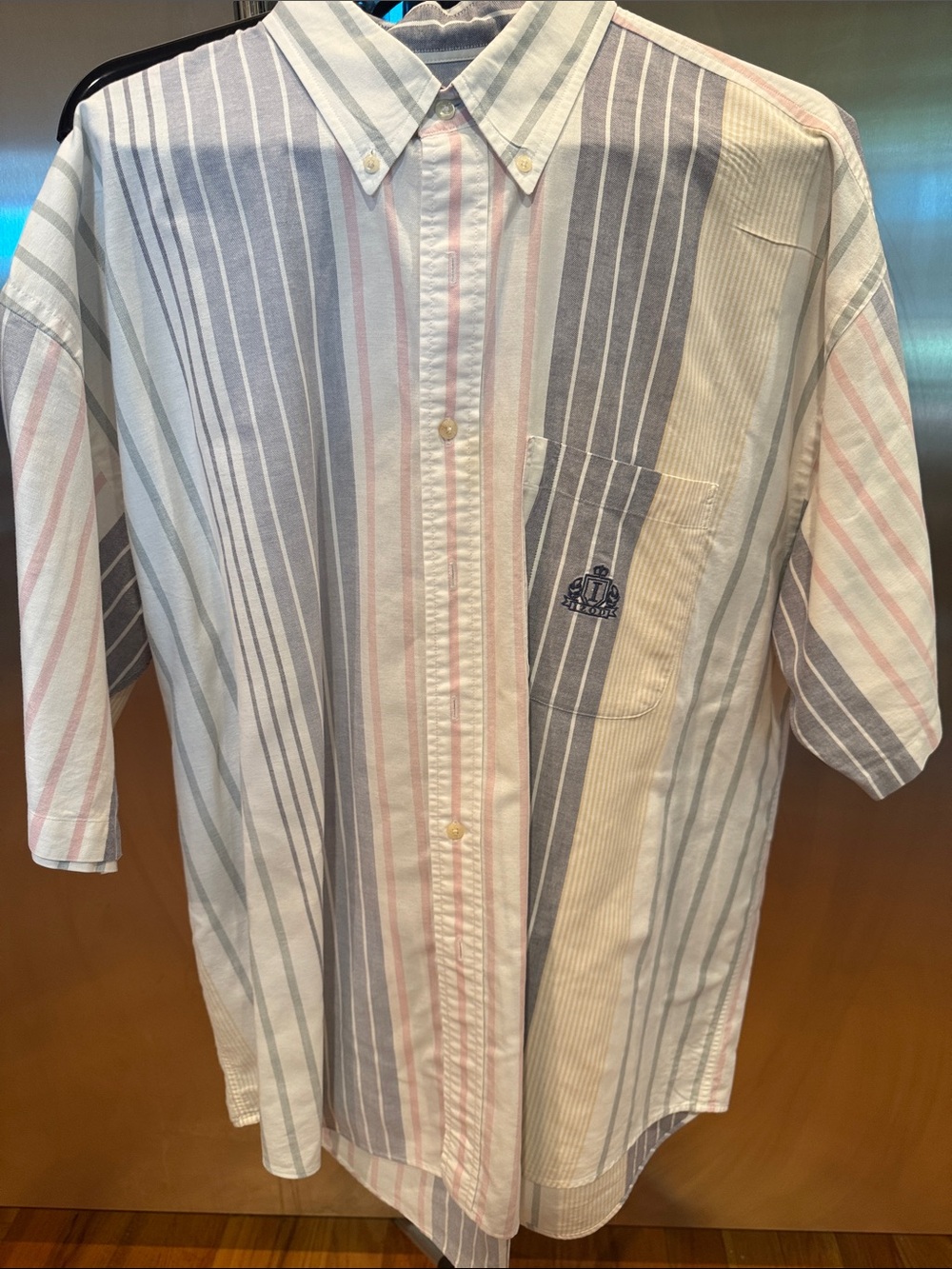 Izod Vertical Stripe Short-Sleeve Button-Down in White, Blue & Pink